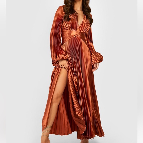pleated satin oversized sleeve midi dress - Picture 3 of 5